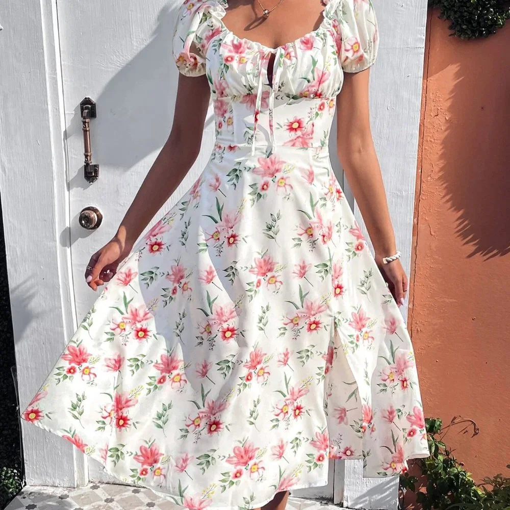 Boho Floral Print Puff Sleeve Knot Front Split Thigh Dress - Picture 1 of 5